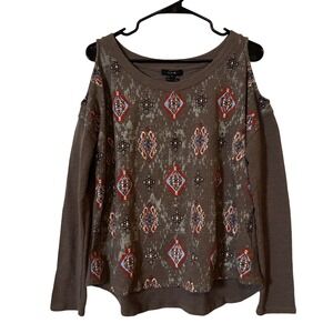 Miss Me Women's Boho Sweater Sz M Cold Shoulder Top